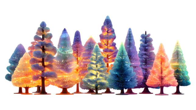 Group of miniature 3D Christmas trees with neon fairy lights and glossy texture, joyful winter holiday celebration design, isolated on white background