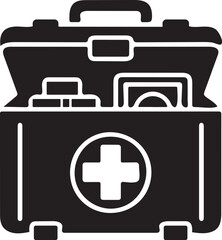Black and White Icon of an Open First Aid Kit with Medical Cross Symbol health emergency