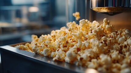 Freshly popped warm popcorn overflowing from  commercial popping machine with cinematic lighting