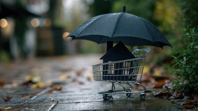 Miniature house and black umbrella placed in a shopping cart on a wet pathway surrounded by fallen leaves in a serene outdoor setting reflecting a cozy autumn atmosphere