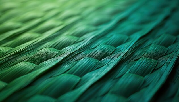 Woven texture from green coconut leaves forms detailed background pattern. Natural material displays intricate weaving in gradient from light to dark green. Repeating design suggests traditional