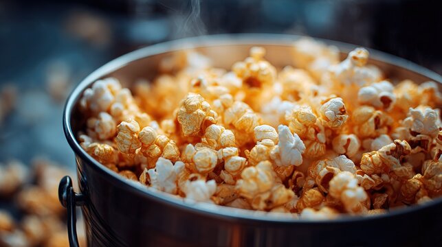 Close up shot of freshly popped steaming buttery popcorn overflowing from dark metal serving bucket - Powered by Adobe