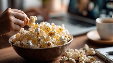 Close up of  hand reaching into  large bowl of buttered popcorn while working on  laptop with  drink nearby