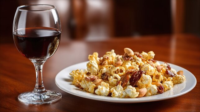 Glass of dark red wine sits beside  white plate piled high with gourmet caramel popcorn mixed with nuts and dried fruit on  wooden table - Powered by Adobe