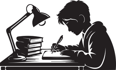 Silhouette of a boy studying at a desk under a lamp child student