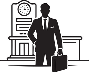 Silhouette of a businessman in a suit holding a briefcase standing in front of a clock tower vector illustration