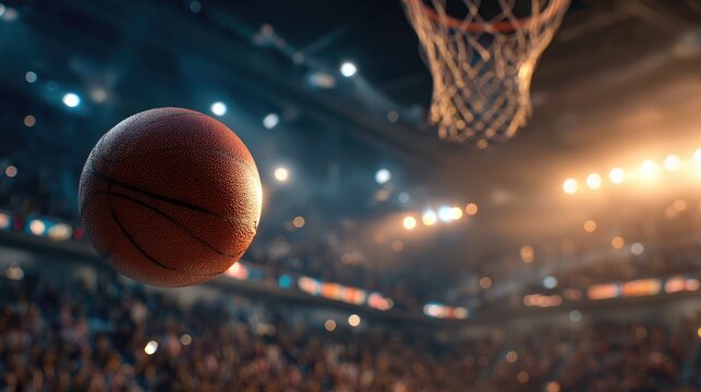 Basketball in mid-air approaching the hoop in a vibrant sports arena filled with enthusiastic fans and bright lights during an exciting game night atmosphere