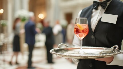 probity. Hotel server presenting welcome drink on silver tray in elegant lobby. bar promotions, beverage menus, designed for food & beverage menus and cafe branding, enhances appetite appeal.