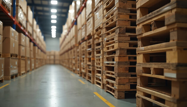 Perspective view down warehouse aisle with stacks of wooden pallets and cardboard boxes. Tall shelves filled with inventory line both sides of concrete floor. Lights illuminate long storage area.
