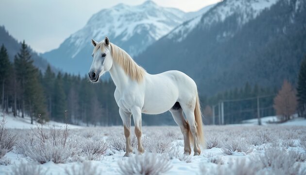 White horse stands in winter landscape. Equine animal at snowy field background. Majestic horse with long mane near mountain forest. Stunning portrait of a horse. Beauty of nature.