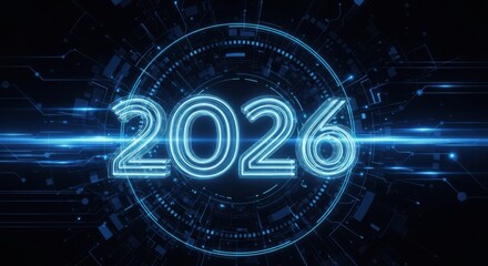 Futuristic 2026 countdown with neon glow, technology integration, and dark background, ideal for next generation innovations and digital marketing campaigns