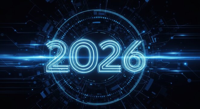 Futuristic 2026 countdown with neon glow, technology integration, and dark background, ideal for next generation innovations and digital marketing campaigns