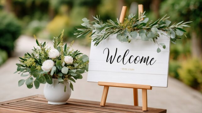 Welcome sign on easel with flowers and greenery