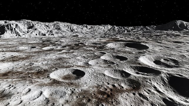 tennessine. Detailed view of the icy, cratered surface of a moon in deep space. STEM education sheets, lab safety posters, designed for biotech research communications.
