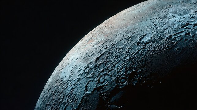 tennessine. Detailed view of the icy, cratered surface of a moon in deep space. STEM education sheets, lab safety posters, designed for biotech research communications.