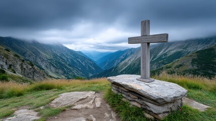 rustic cross, in a misty mountain, leaning on ancient stone, dramatic backlight, realistic, solemn, cool tones, low-angle shot, mist, high detail, ultra-realistic, dramatic atmosphere, .