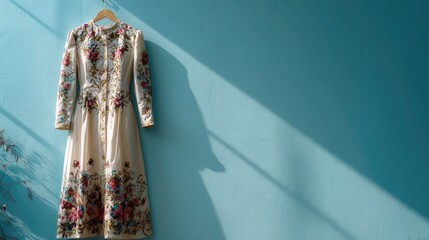 Elegant vintage dress with intricate floral embroidery displayed against a bright blue wall, showcasing texture and design in natural light for fashion enthusiasts and interior inspiration.