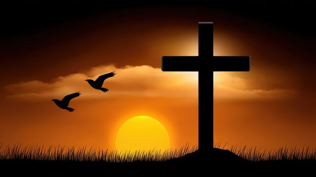 glowing cross, in sunrise meadow, standing tall, golden hour light, cinematic, hopeful, warm tones, silhouette composition, telephoto, birds flying, high detail, ultra-realistic, dramatic atmosphere,