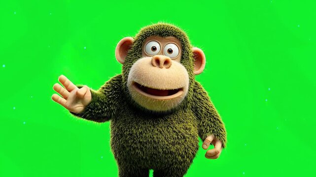 Playful Primate's Greetings: A cheerful cartoon monkey with lush green fur gives a friendly wave, its engaging expression adding to the lighthearted charm against a vibrant green backdrop.