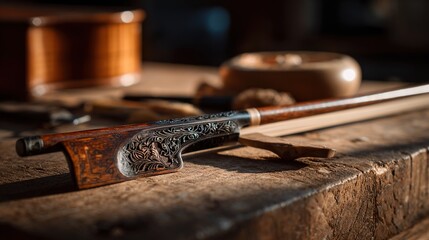 horsehair. A finely carved violin bow and rosin resting side by side on wood. event programs, museum guides, designed for cultural heritage projects and event programs, preserves heritage.