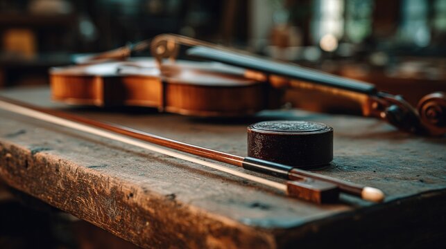 horsehair. A finely carved violin bow and rosin resting side by side on wood. event programs, museum guides, designed for cultural heritage projects and event programs, preserves heritage.