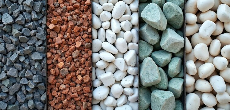 Collage displays five types of decorative stones. Gray rough gravel, crushed red bricks, smooth white pebbles, polished green rocks, and pale white smooth stones.