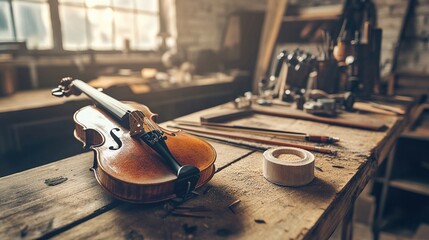 horsehair. A finely carved violin bow and rosin resting side by side on wood. event programs, museum guides, designed for cultural heritage projects and event programs, preserves heritage.