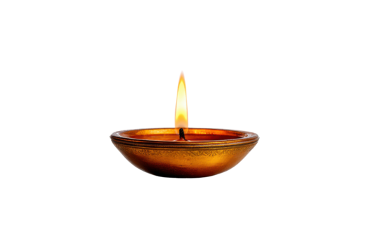 Lit brass diya oil lamp with decorative rim and black background light flame, Isolated On White Background, Png Transparent