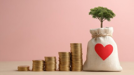Concept of financial growth and sustainability represented by a tree emerging from a money bag beside stacked coins on a soft pink background
