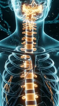Human Spinal Cord Anatomy Animation in Transparent Turquoise Skeleton Body Showing Vertebrae and Nerves on Black Backdrop Medical Educational Information and Visual Aid 3D Render