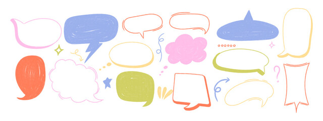 Obraz premium Hand drawn crayon speech bubble set. Cute doodle style comic balloons in bright colors.