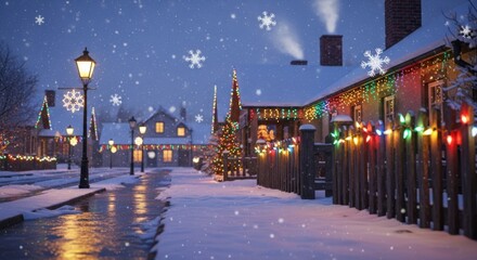 Charming winter wonderland street scene aglow with holiday lights and gently falling snow, perfect for nostalgic Christmas cards and seasonal promotions