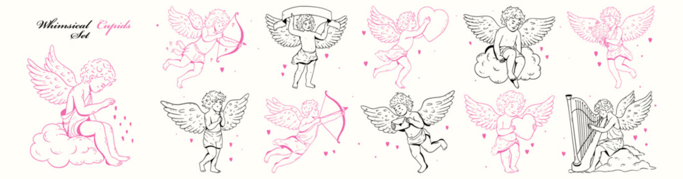 Coquette cupid set. Whimsical hand drawn vintage cherub collection with hearts, clouds, bows and banners in doodle style.