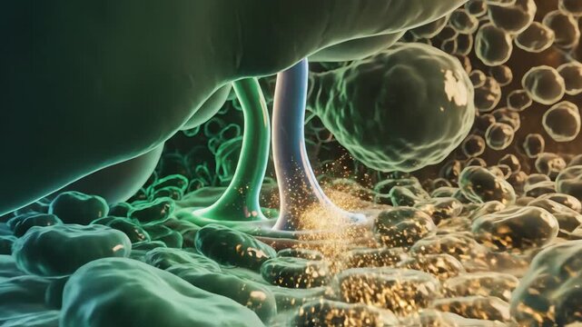 Liver detoxification, hepatic tissue where toxins dissolve into light particles, antioxidants neutralize radicals