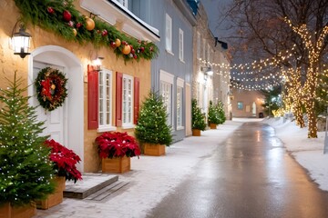 Fototapeta premium Quebec City street decorated with Christmas lights and snow