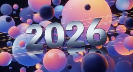 Shining silver 2026 with dynamic spheres, perfect for new year's celebration, futuristic designs, and modern technology promotions coming soon