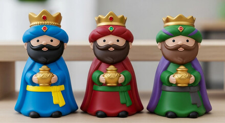 Three cartoon wise men figures holding golden gifts on a blurred background kings
