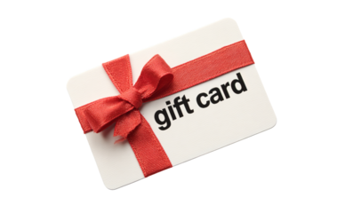 White gift card with red ribbon bow isolated on a transparent background