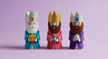 Three cartoon-like figures of the Three Wise Men with crowns and gifts Magi nativity