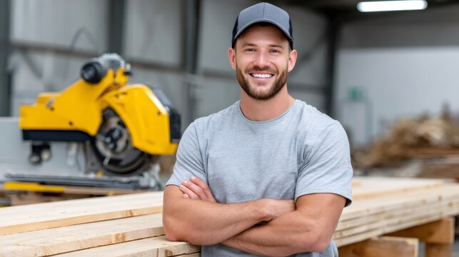 Confident carpenter smiling posing in his workshop