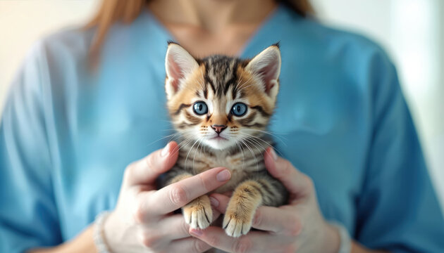 Veterinarian in blue scrubs gently holds small tabby kitten in hands. Cute domestic cat with blue eyes at vet clinic for regular health checkup. Professional pet care, diagnosis, animal treatment for