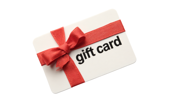 White gift card with red ribbon bow isolated on a transparent background