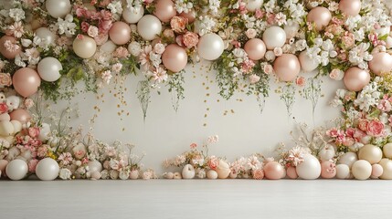 Realistic spring floral balloon wall with white floor and soft neutral colors, elegant event decor background