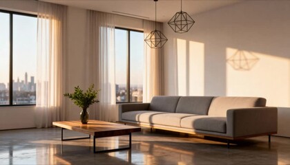 minimalist modern living room with soft natural daylight, slow pan shot, serene interior design and luxury real estate visual, seamless motion - Powered by Adobe