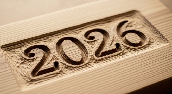 Engraved wooden sign displaying the year 2026, ideal for new year announcements, future planning, or celebrating upcoming anniversaries with warmth