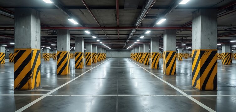 Empty underground parking garage with clean floor. Concrete columns painted with yellow black stripes guide drivers. Bright ceiling lights illuminate parking spots. - Powered by Adobe
