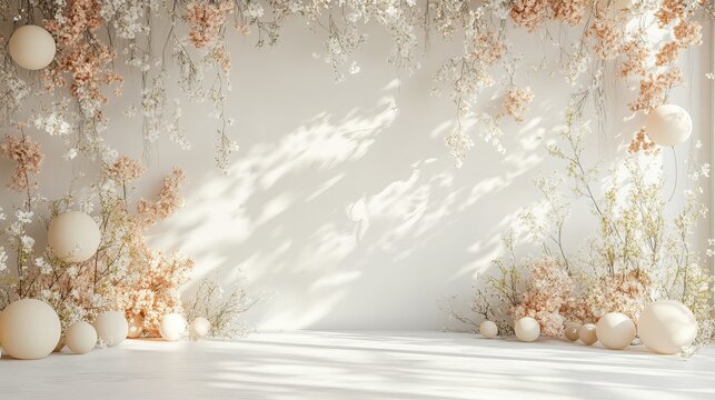 Realistic spring floral balloon wall with white floor and soft neutral colors, elegant event decor background - Powered by Adobe