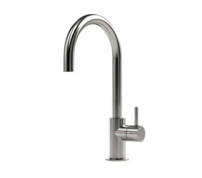 Brushed nickel kitchen faucet with curved spout isolated on a transparent background