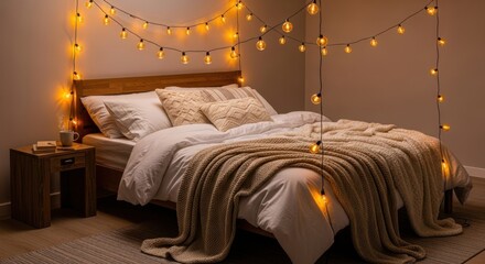 Cozy bedroom retreat with warm fairy lights creating a peaceful atmosphere for relaxation and restful sleep or adding a touch of magic to a child's room
