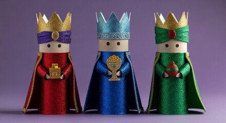 Three Toilet Paper Roll Wise Men Figures with Glittery Crowns